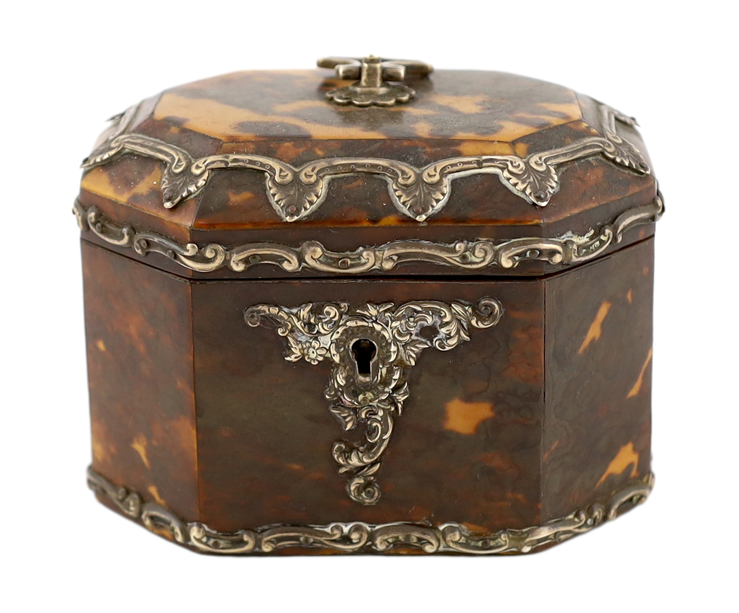 A Victorian silver mounted blond tortoiseshell tea caddy 11.5cm wide, 8cm deep, 9cm high